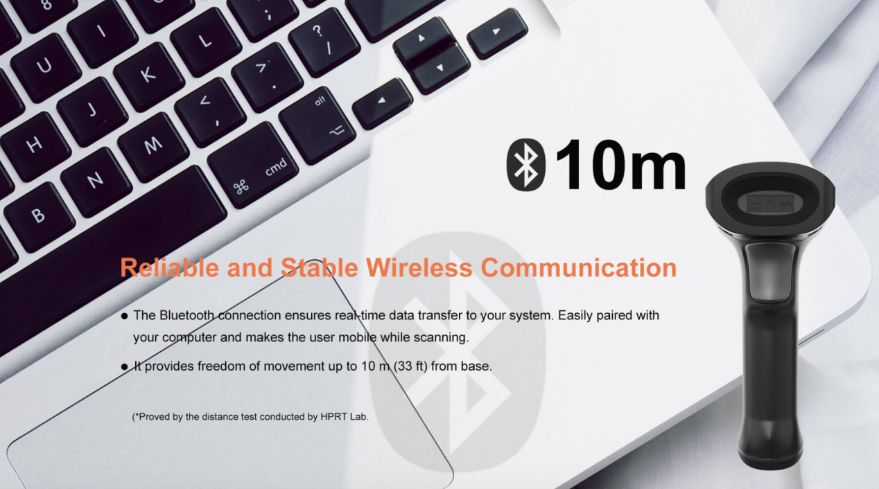 N130BT kablosuz barkodu tarayıcısı 10m.png'e kadar iletişimi destekliyor.